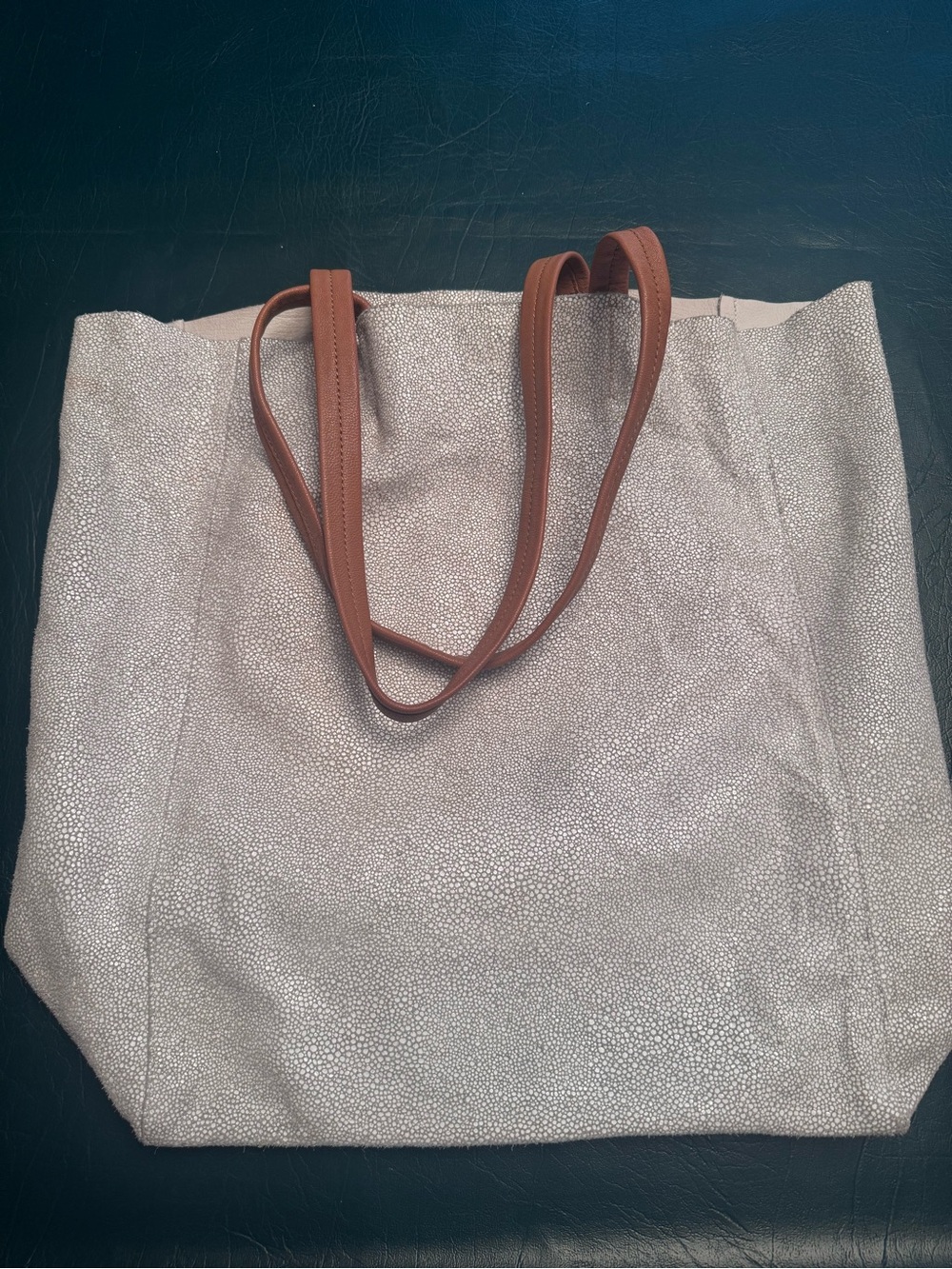 White and Silver Shimmery Textured Leather Tote Bag with Brown Straps